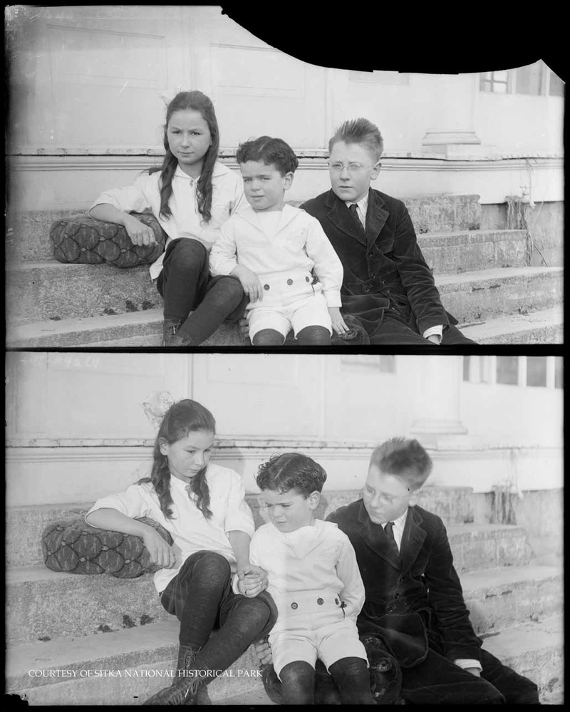 Two portraits of a young girl and two young boys in nice clothing.