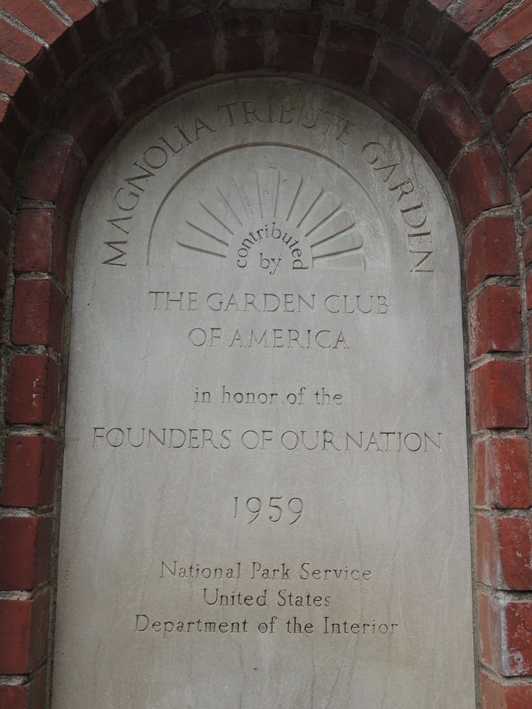 Color photo of 1959 inscription dedicating the Magnolia Garden to the National Park Service.