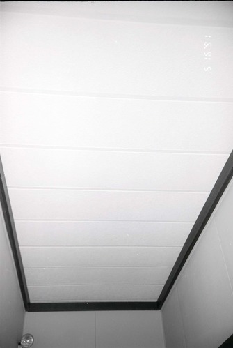 Ceiling at end of hallway in barracks, light fixture visible in corner. [Image possibly for comparative housing study]