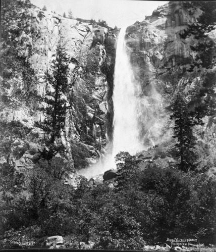 Bridalveil Fall. Caption on print: "C.R. Savage, Salt Lake. Bridal Veil Fall, 860 feet. Yosemite, CAL (instantaneous)". Copied by M. Dixon from photo album print. Original print in Yosemite Collections cat. no. 21,948. Note: C.R.Savage, Salt Lake, appears several times in the hotel register for the Big Tree Station, 1879.