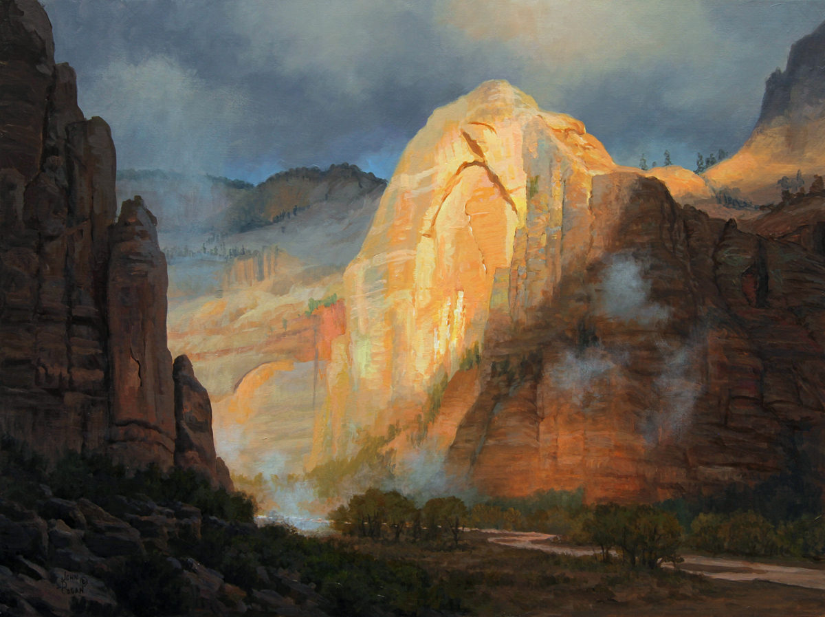 A painting of a red sandstone mountain in Zion Canyon