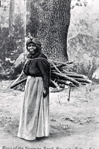 Native American Mary, Yosemite Valley Miwok. Copied from a period postcard. One print of this picture has written on the back: "'China' Mary just after she lost her man. (Lemee)" - C.A.H. (C.A.H. was C. A. Harwell).