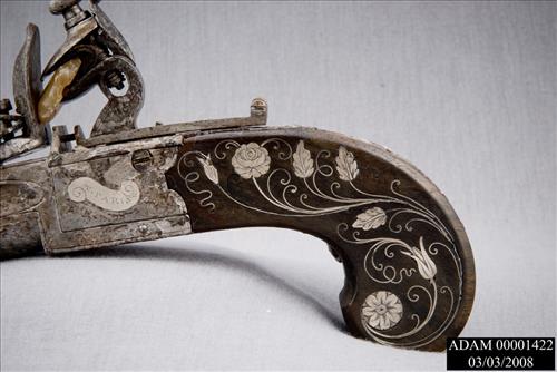 Pair of Travelling Flintlock Pistols with Inlaid Stock of Silver from the Adams National Historical Park Collection