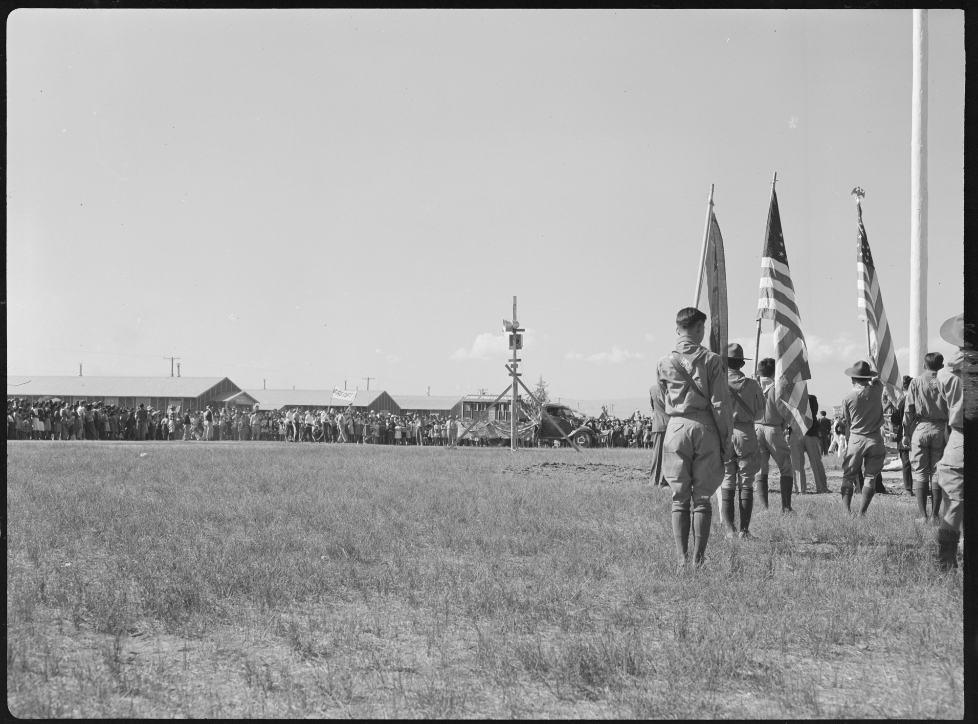 A parade was held by evacuees to celebrate labor day. Great originality in costuming was shown