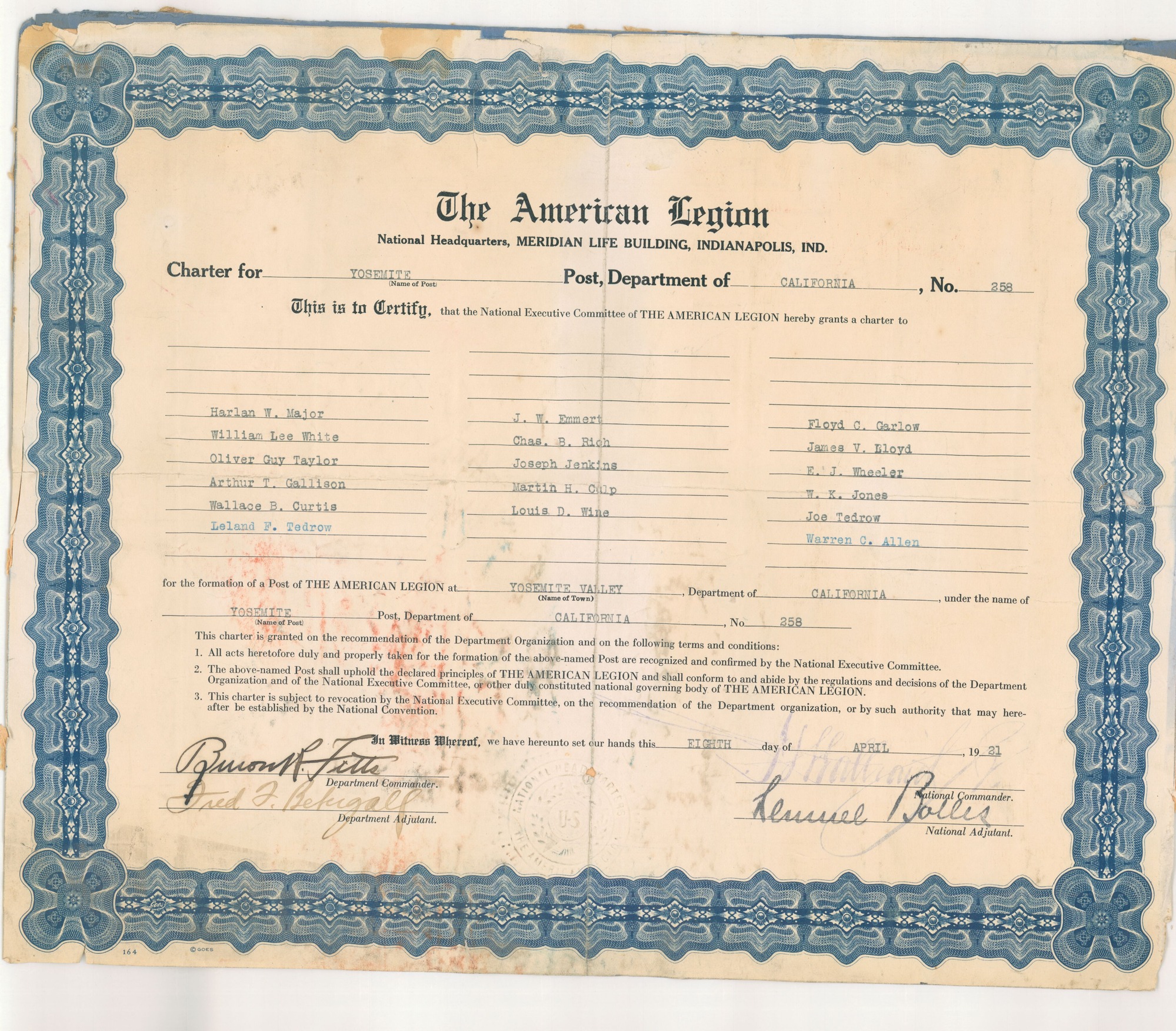The American Legion Charter for Yosemite Post No. 258