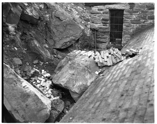 BW photo of rock slide in the maintenance yard.