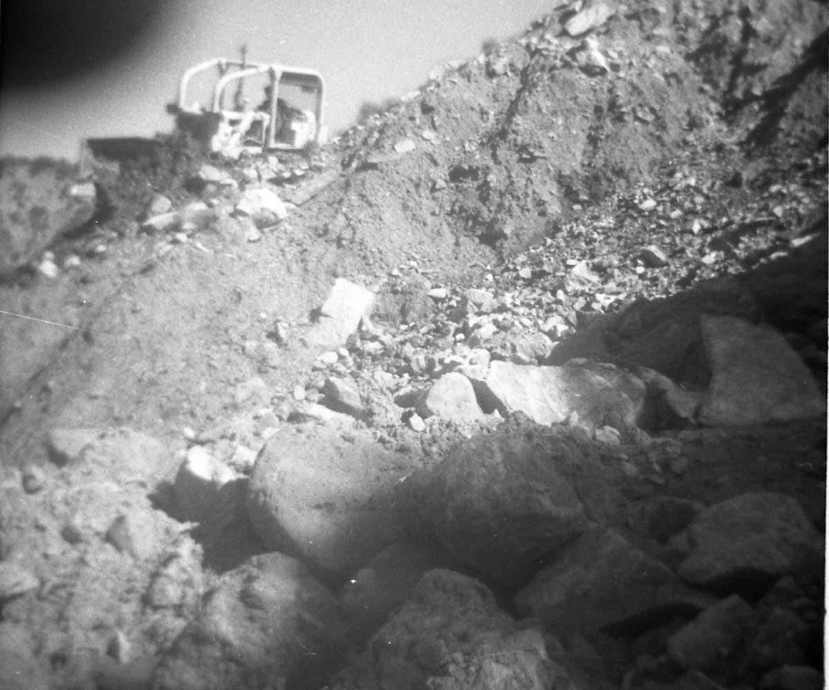 BW photos of rock slides in Kolob Canyons - 110mm. Bulldozer clearing rock slide.