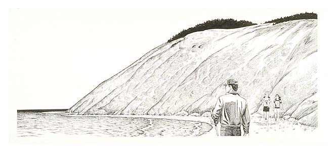 Hikers on the beach portion of Bluff-Ridge Trail.