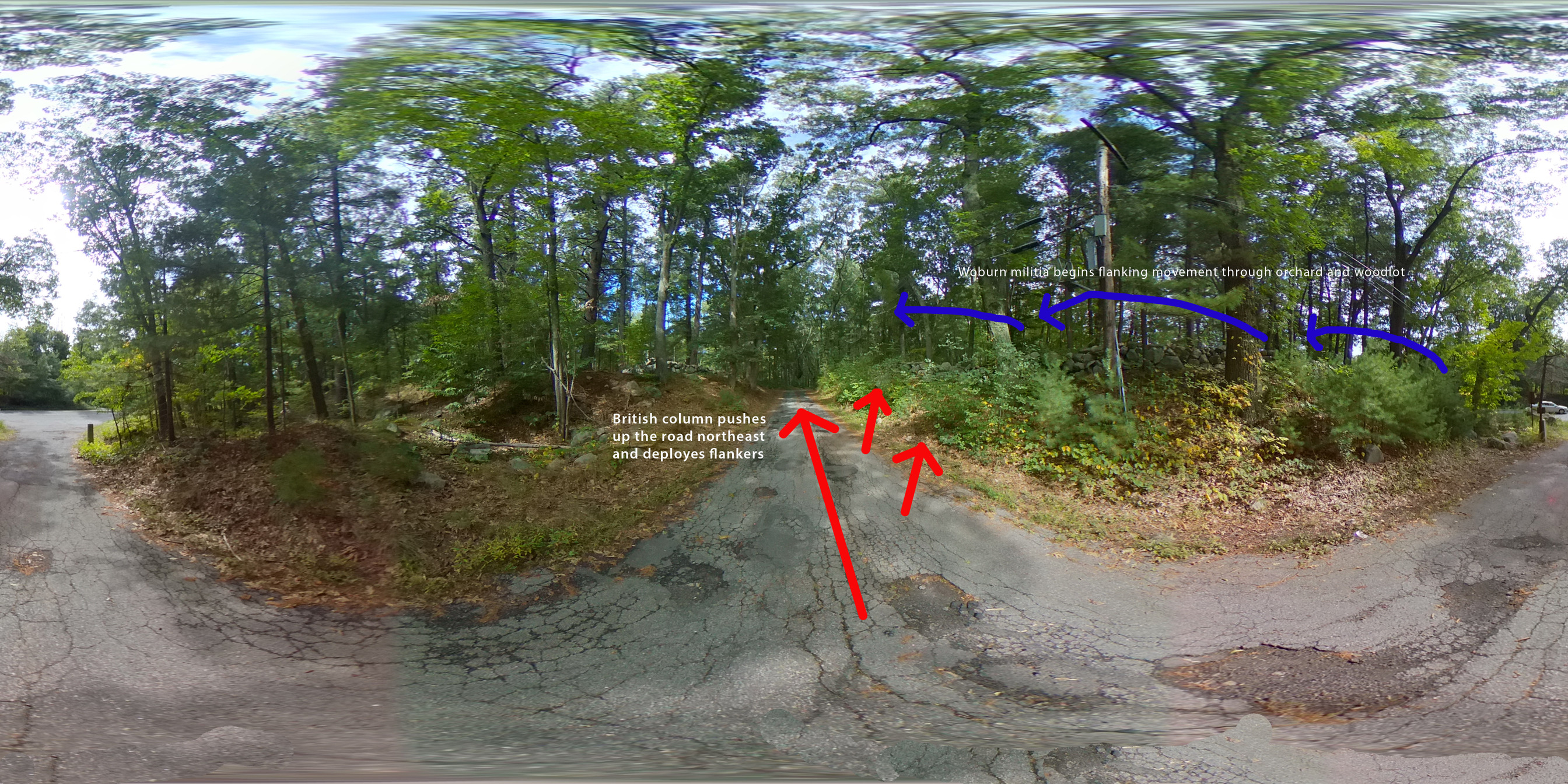 A modern roadway wooded on both sides. Enhancements of text and arrows indicate troop movements. 