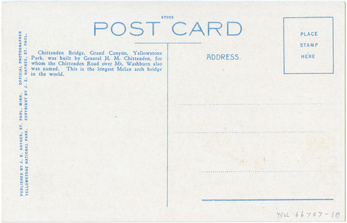 17054. Chittenden Bridge and Auto Stages, Yellowstone Park (Postcard)