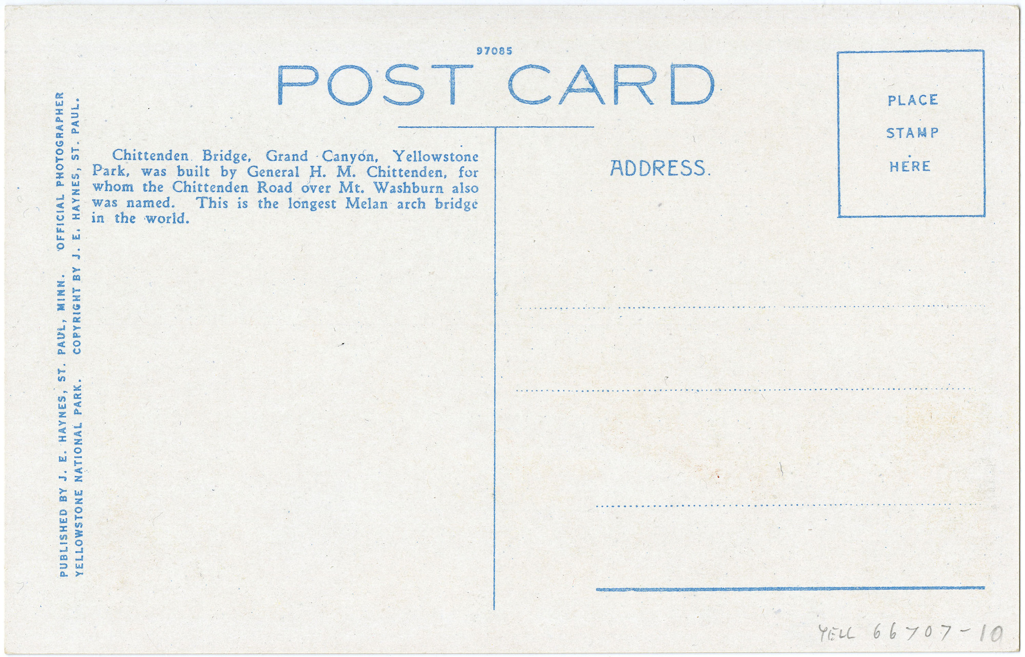 17054. Chittenden Bridge and Auto Stages, Yellowstone Park (Postcard)