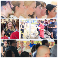 Four panel collage. Top panel shows the faces of 6 choir members with their mouths partially open in song. Middle two panels show the choir director and choir with song-books open. Bottom panel shows a frontal view of the choir as seen through the assembled audience.