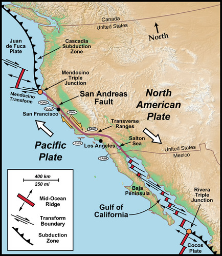map of the west coast of north america showing the san andreas fault and subduction zones north and south