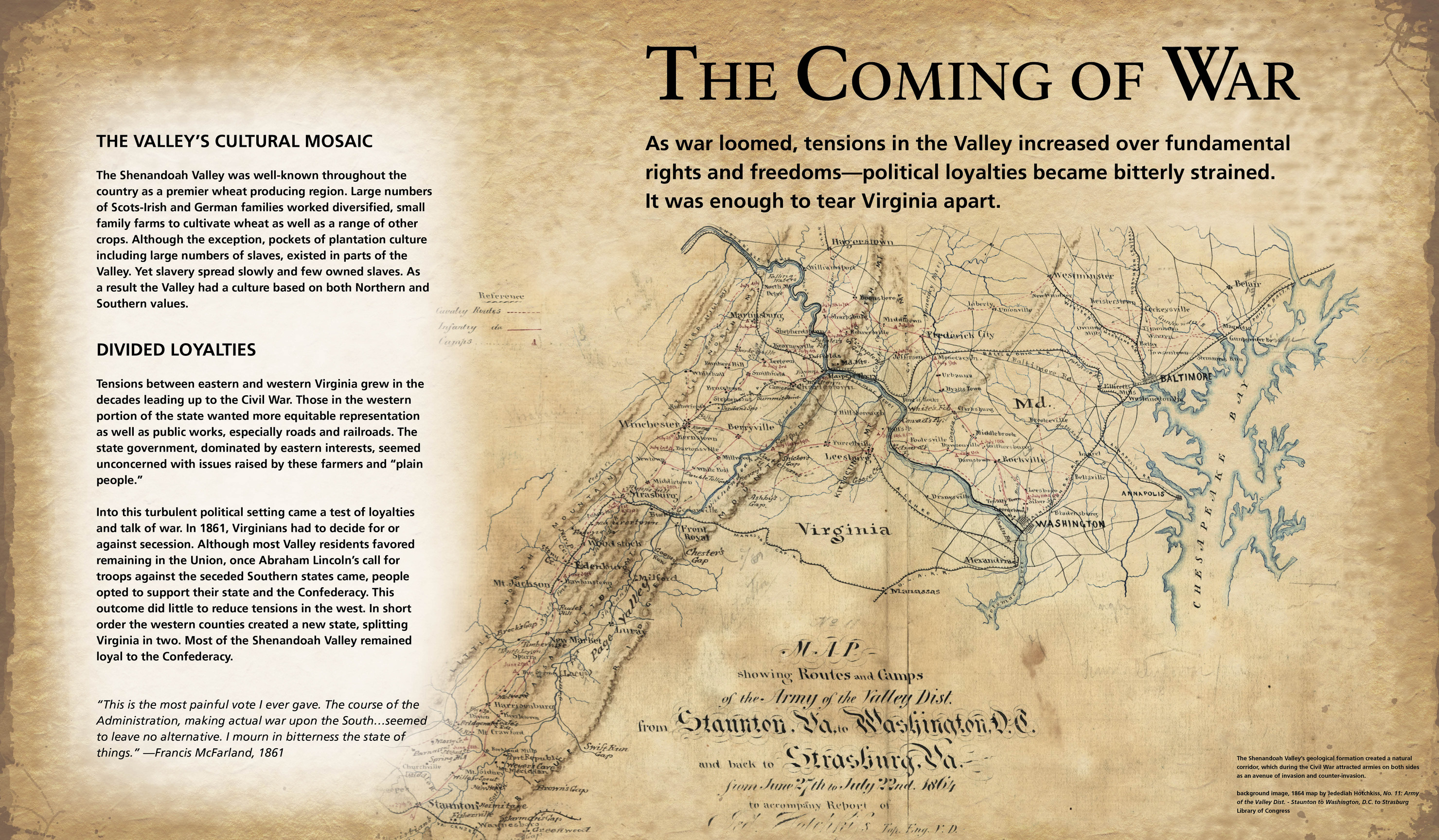 A wall-sized exhibit graphic titled The Coming of War has interpretive text next to a hand-drawn military map of northern Virginia. 