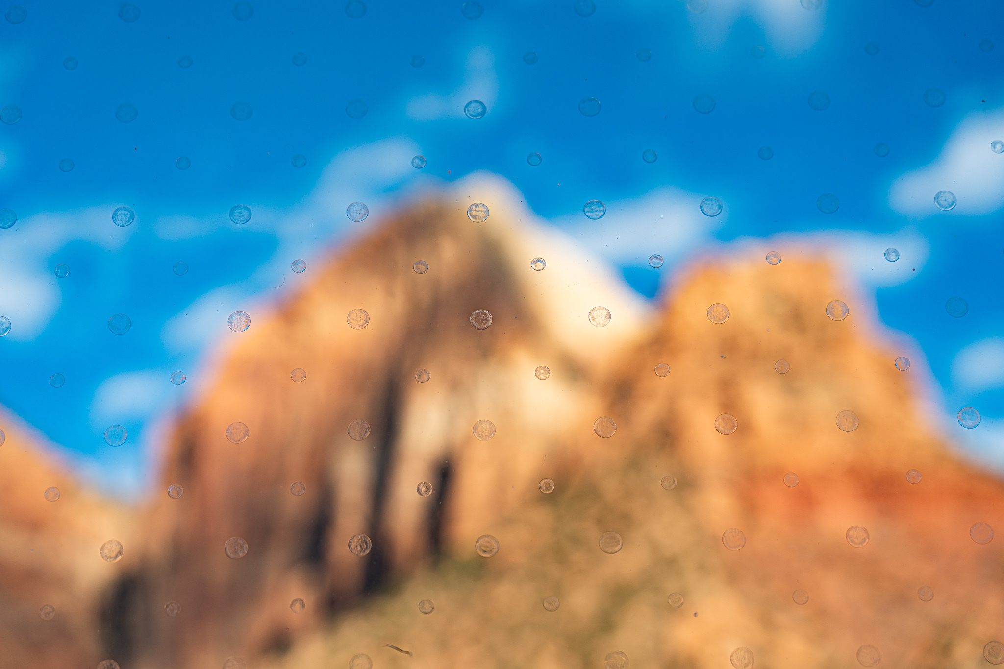 Small transparent plastic dots appear on a window that is reflecting red rock of Zion Canyon in the distance.