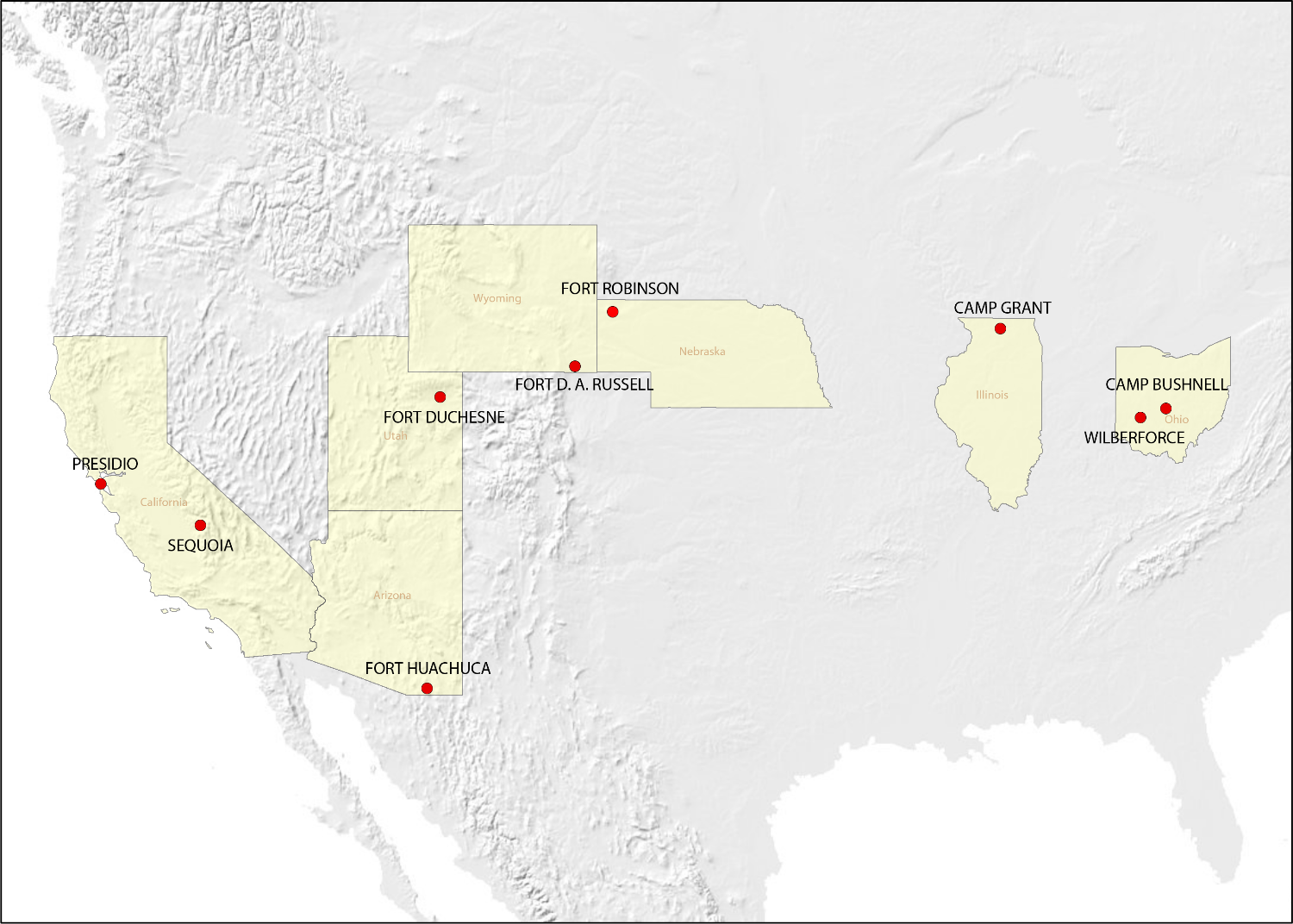 Map displaying locations Charles Young served in the United States, with states colored yellow and specific locations denoted with red points.