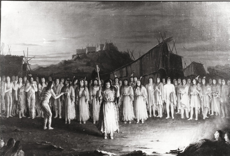 Black and white painting of American Indians in a group with one figure standing in front