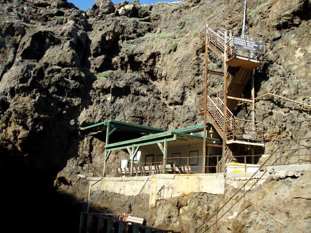 Anacapa Island Landing Cove, dock, staircase in February 2009. Landing cove shows dock orientation, dock building, metal staircase, and cliff.