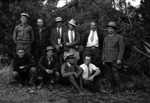 Engineering personnel, left to right, back: [unidentified man], [unidentified man], Claude Fleming, Ross Rozelle, Fred Fagergren, A.E. Cowell