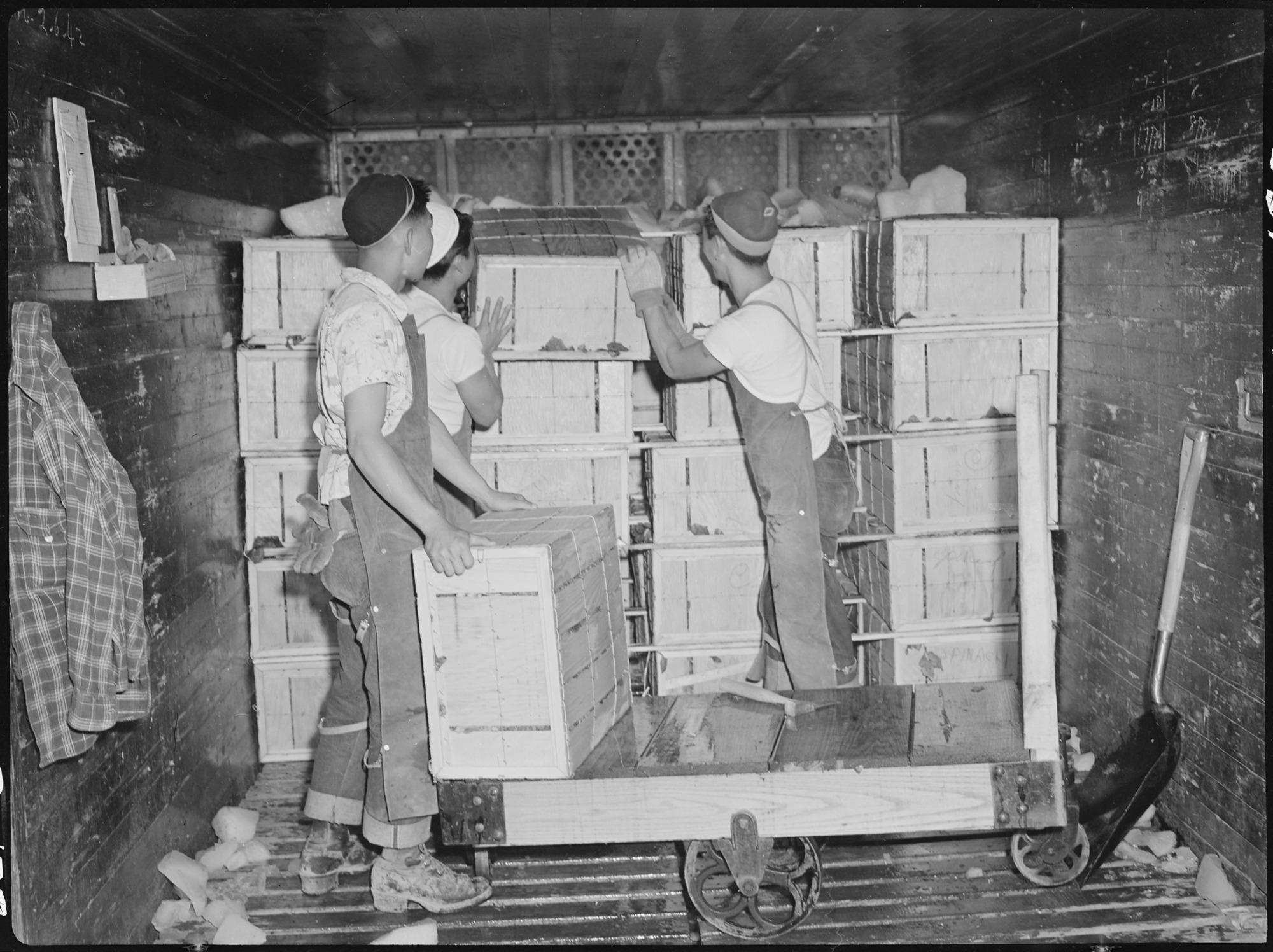 Crates of vegetables from the evacuee farm being loaded on a refrigerated railroad car for shipment to other evacuee centers
