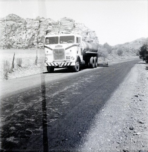 Construction vehicle during chipsealing of Kolob Canyon Road.