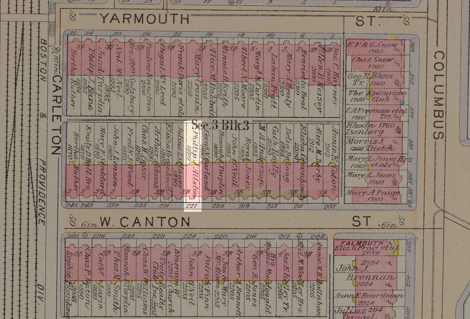 Section of an atlas of Back Bay, with small rectangle of building #227 highlighted and the rest of the map darkened.