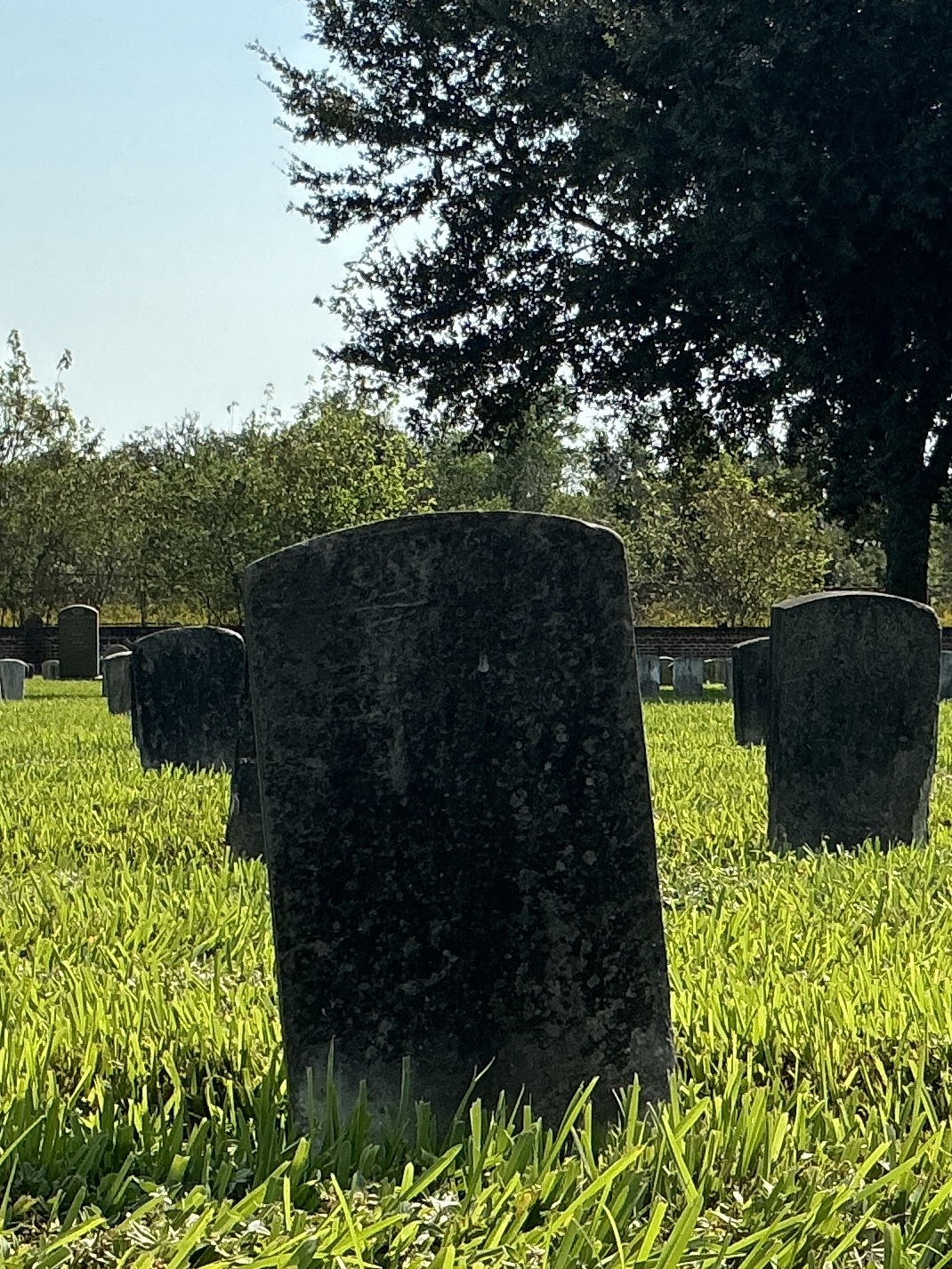 Back of historic upright marble headstone with recessed shield face.