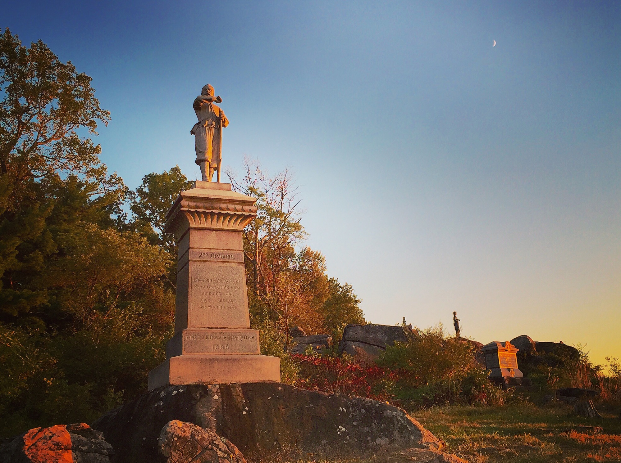 The front of the 155th Pennsylvania Monument at sunset.