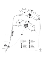 A map of a campground with the roads, numbers representing campsites, symbols for parking, restrooms, trash, recycling, etc. There is a key showing the symbols. 