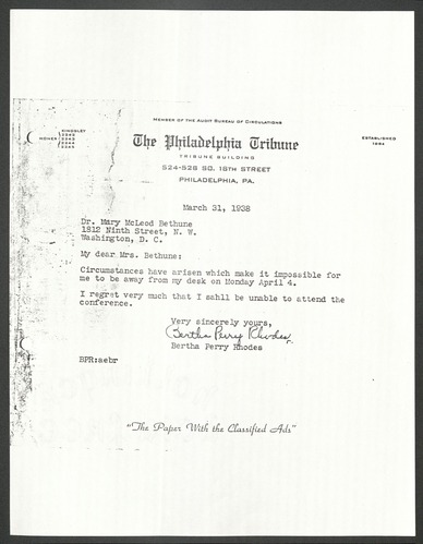 Correspondence between Mary McLeod Bethune and Bertha Perry Rhodes, March 31, 1968