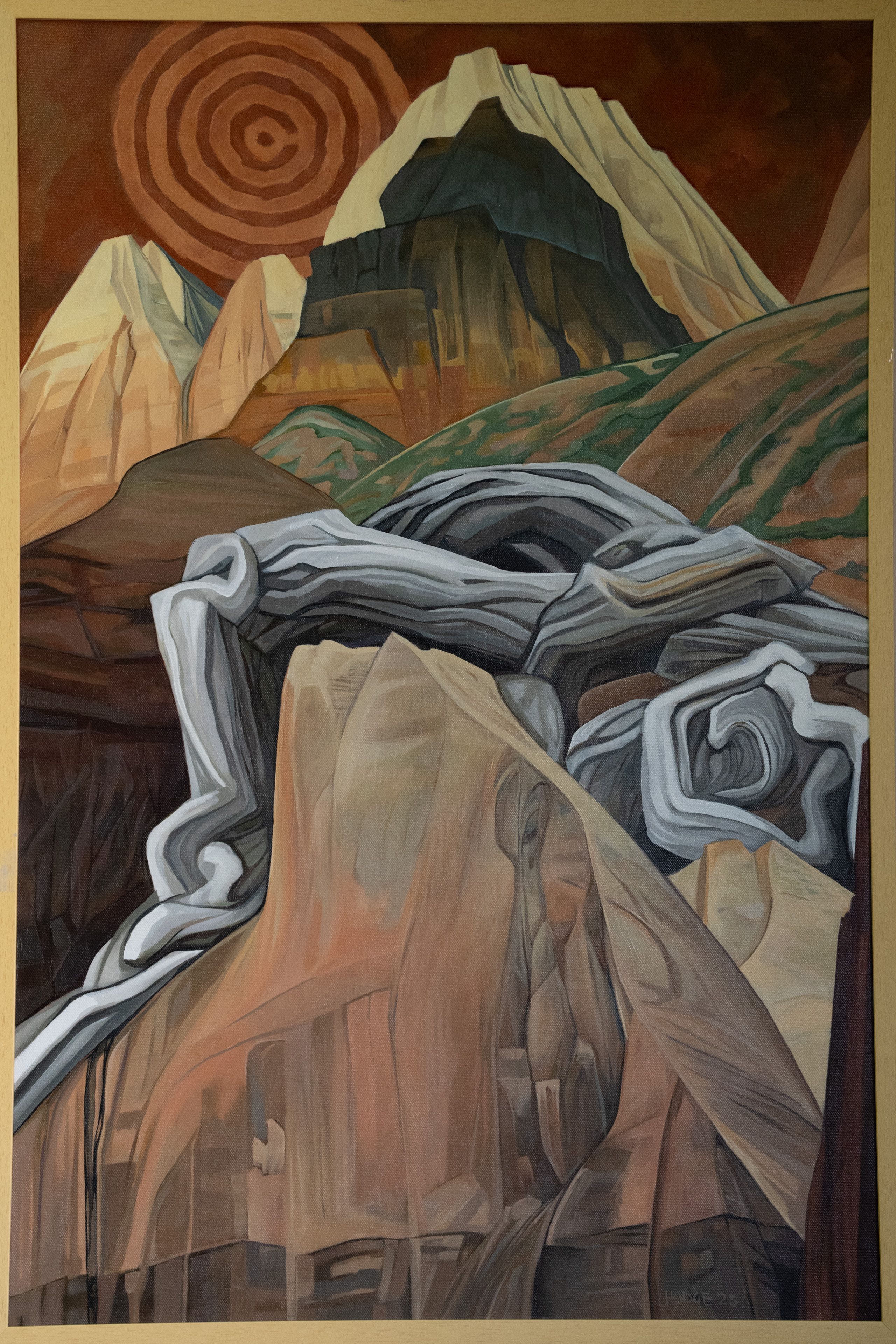 An oil painting depicting multi-colored sandstone cliffs, gray cottonwood tree roots, green vegetation, and a bright red sky with concentric circles as the sun.