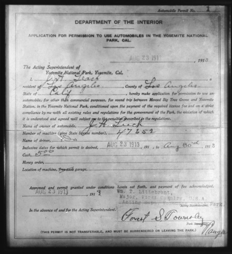 Copy of first auto permit issued in Yosemite. Copied August 1936.