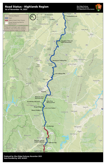 Map highlighting planned road closures, detour routes, and estimated reopening dates for construction projects in the Highlands region of NC.