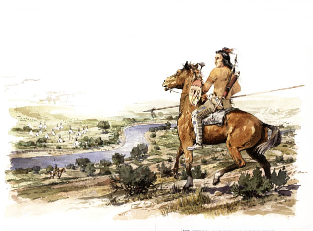 A Sioux warrior, astride a horse, is shown with bow and arrow, knife, shield, and a parfleche for carrying other personal items.