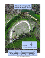 Buffalo National River Ozark Campground Contour Map. This map displays a 1 foot contour overlaid onto aerial imagery of the Ozark Campground of the Buffalo National River.