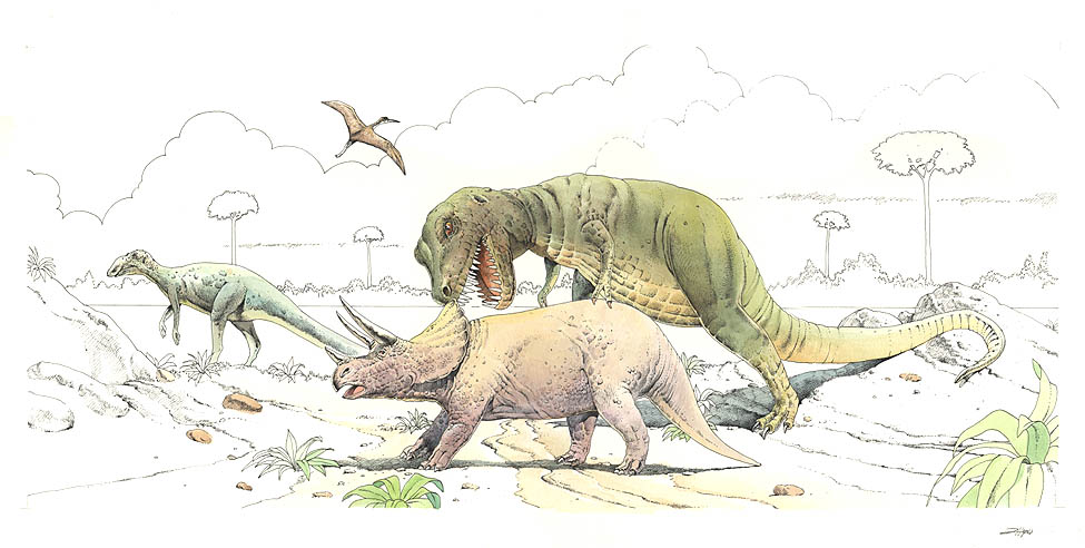 Scene of a river estuary (floodplain) during the Upper Cretaceous period depicts several species of dinosaurs including Duck-billed Hadrosaur, Pterosaurs, Tyrannosaurus, and Triceratops.