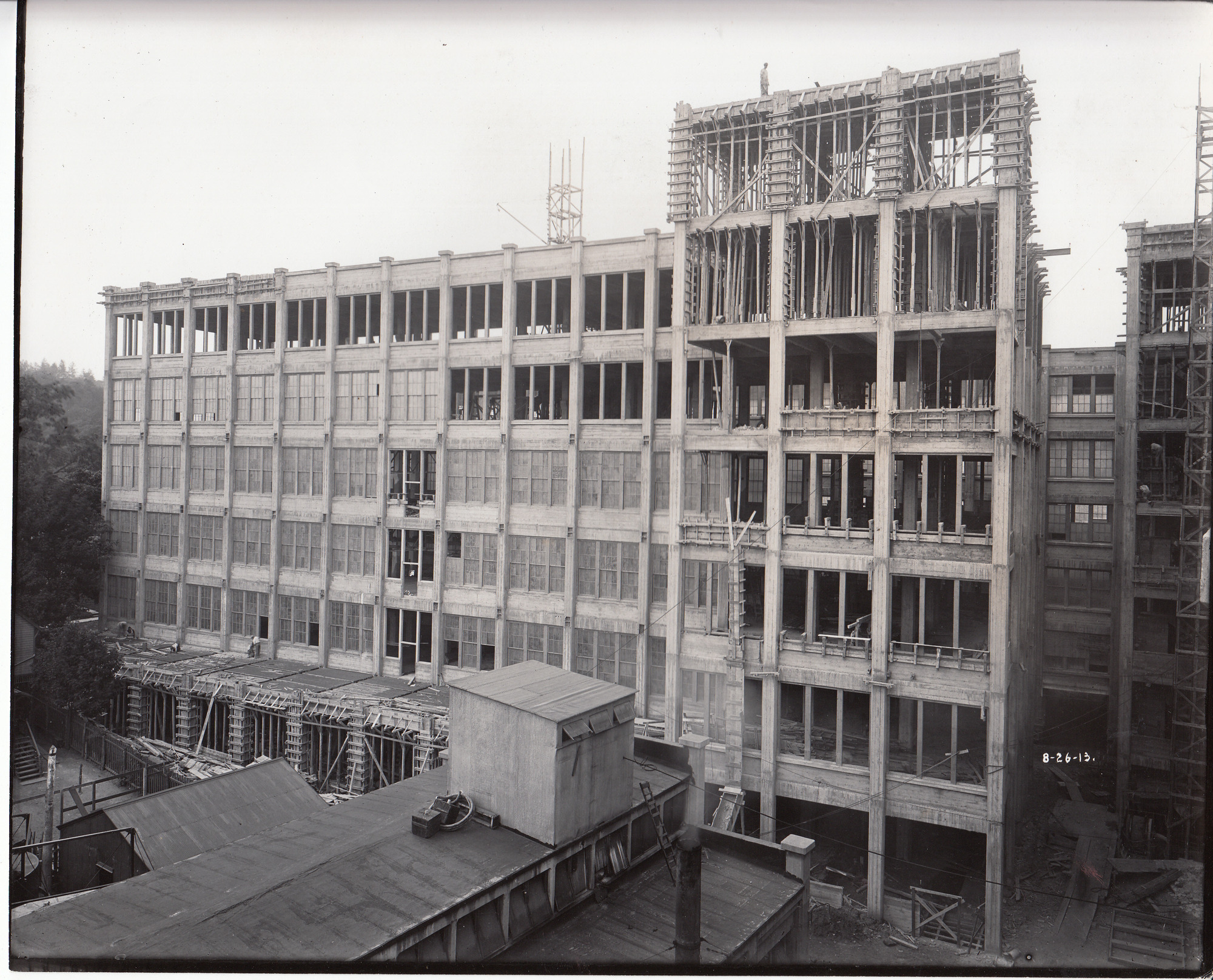 Storage Battery Building under construction, Building 137, rear view.