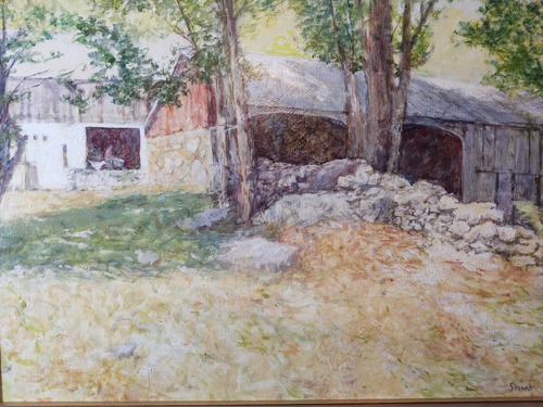 A painting of a stone wall with a barn in the background.
