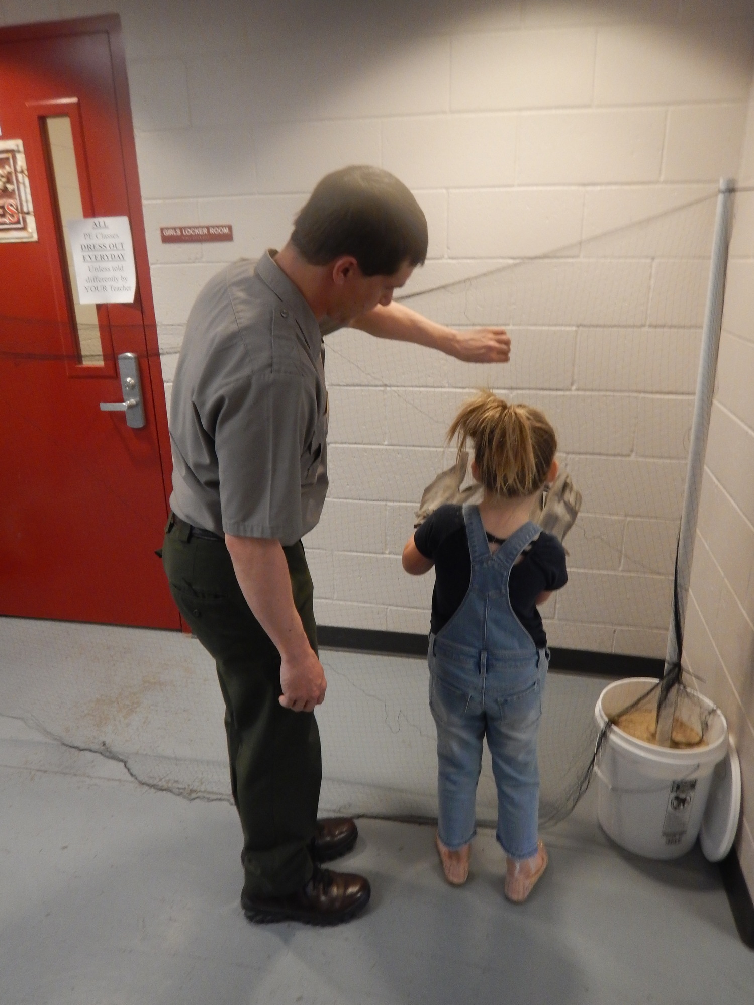 A ranger holds grabs a section of a thin net as a small girl with large gloves on reaches forward, they are in a school hallway