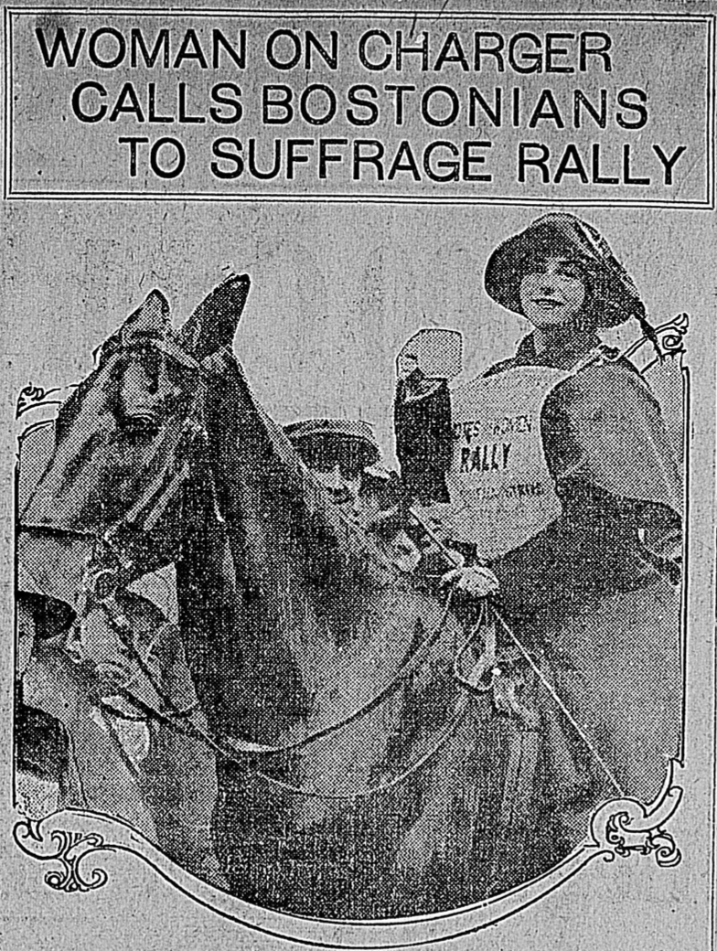 Newspaper photograph of suffragist Claiborne Catlin on horseback, 1914.