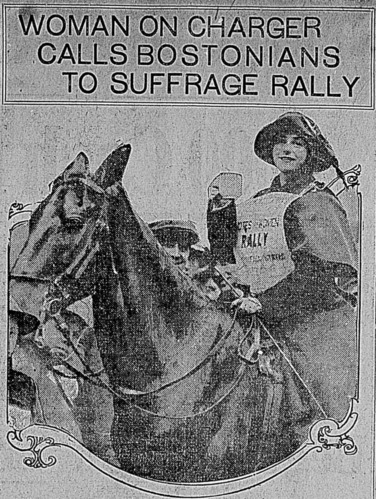 Newspaper photograph of suffragist Claiborne Catlin on horseback.