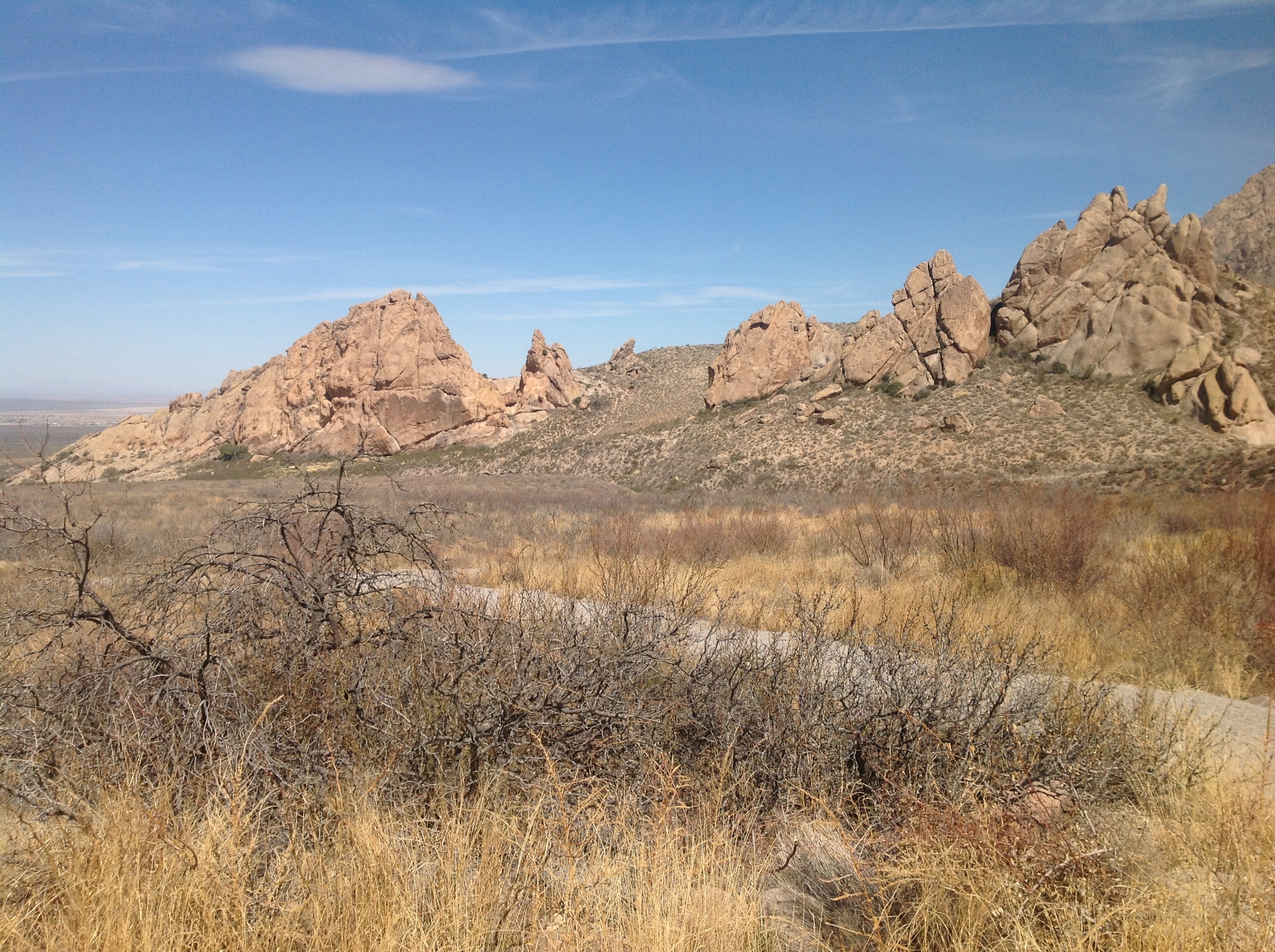 A desert landscape with dry grass and rock formations.