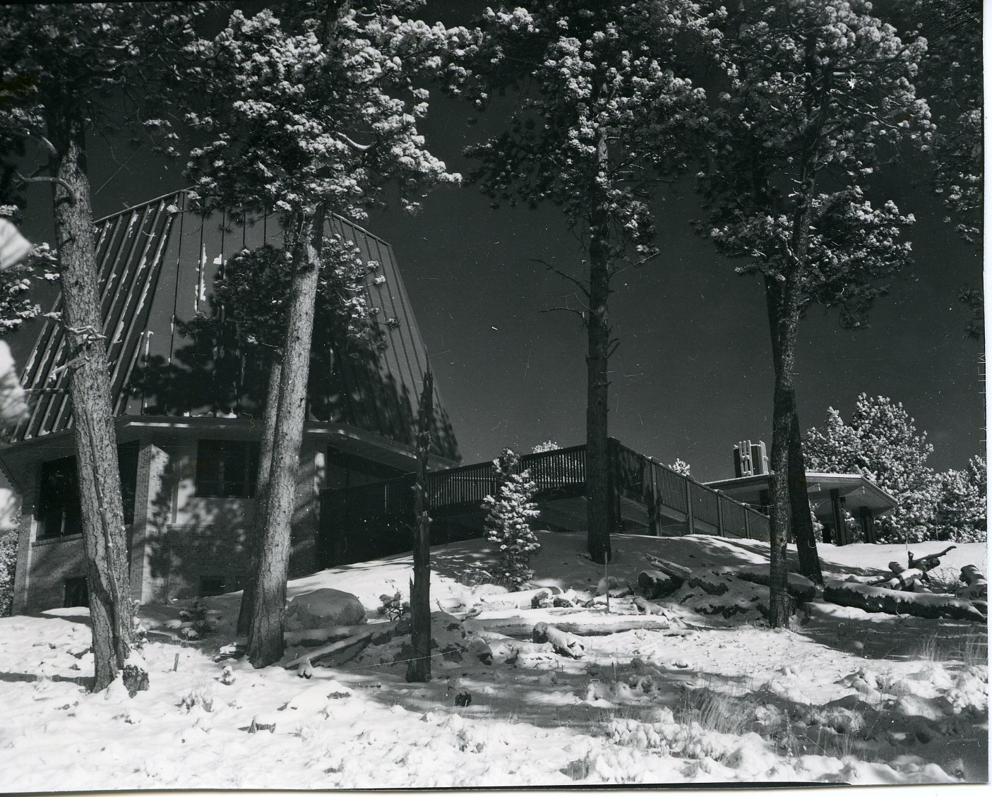 Building behind trees with snow on ground