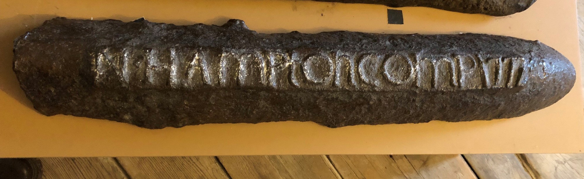 Pig iron ingot, made at Captain Charles Ridgely’s Northampton Ironworks in northern Baltimore County, 1772. Marked with raised cast letters "N.HAMPton COMP 1772."