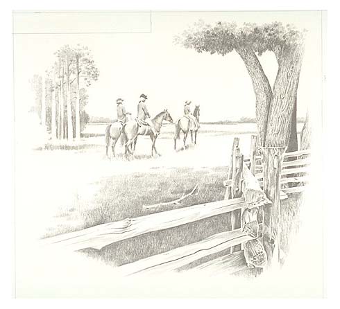 Scene depicts three people on horseback, one a woman riding side-saddle, out for a ride. A portion of a worm, or snake, split rail fence is visible in the foreground.