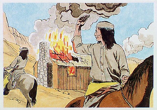 Apache Indians burning deserted fort.