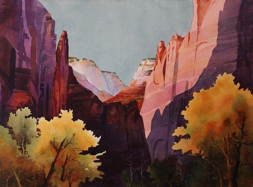 yellow trees grow in the bottom of zion canyon