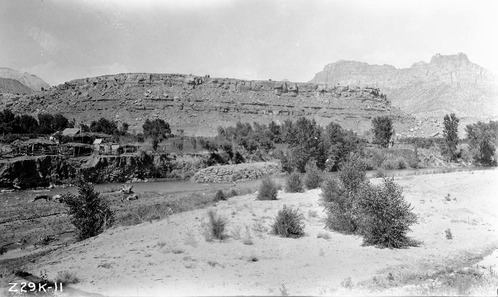 Dike along the Virgin River in Rockville. Homestead on cut bank at left.
