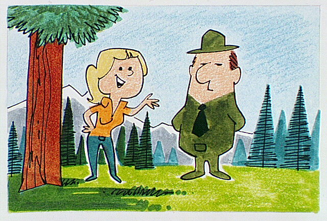 A woman, standing under a tree, talking to a male National Park Service Ranger.