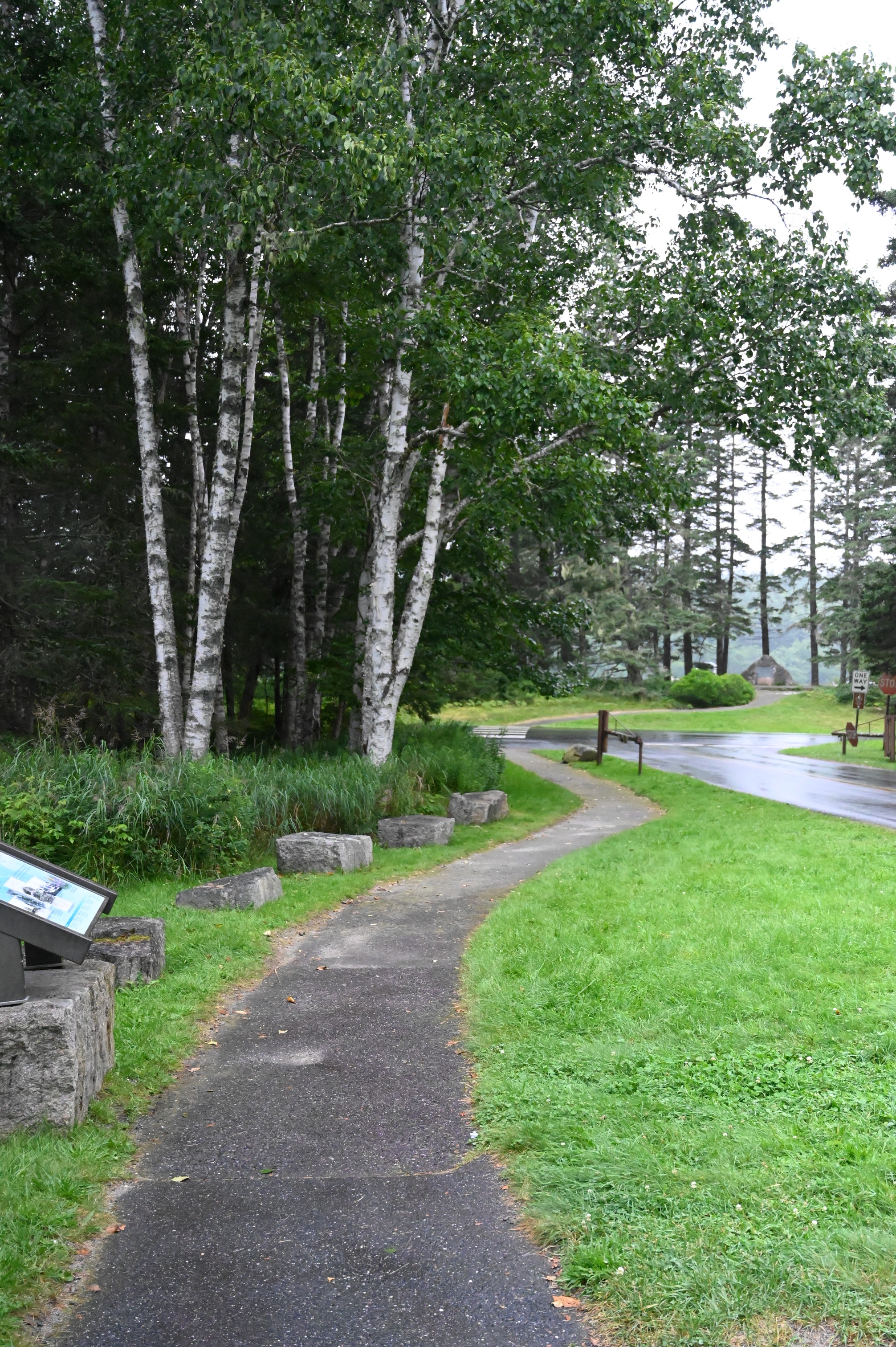 Paved pathway with grassy areas on either side.